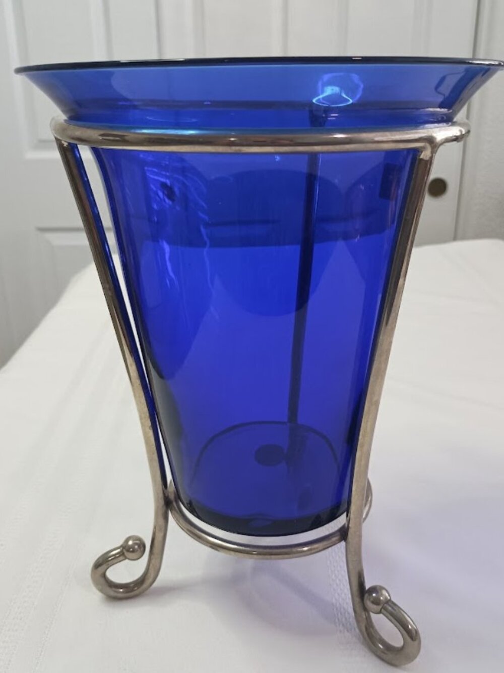 Vintage Cobalt Blue Glass Vase with Metal Stand Made in Italy